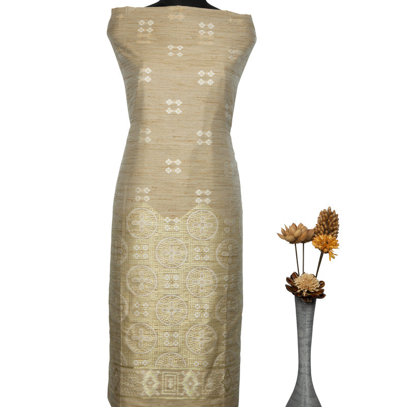 Beige Geometric Pattern Jari Jacquard Art Tussar Silk Unstiched Top