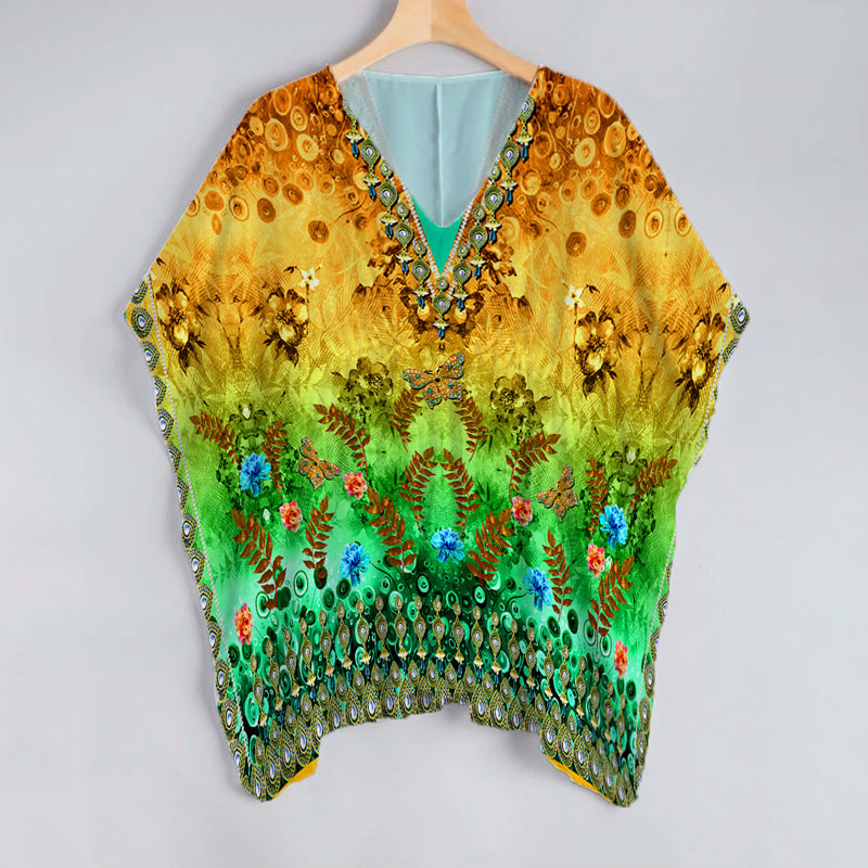 Ginger Orange And Green Leaf Pattern Unstitched Georgette Kaftan