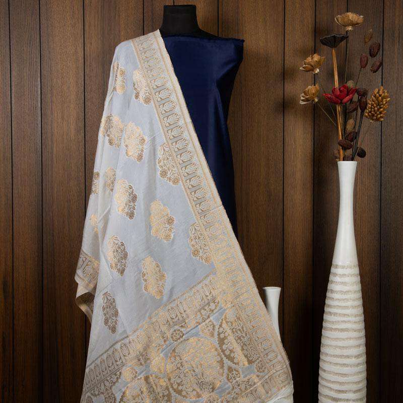 White Ethnic Pattern Jacquard Dolla Silk Dupatta