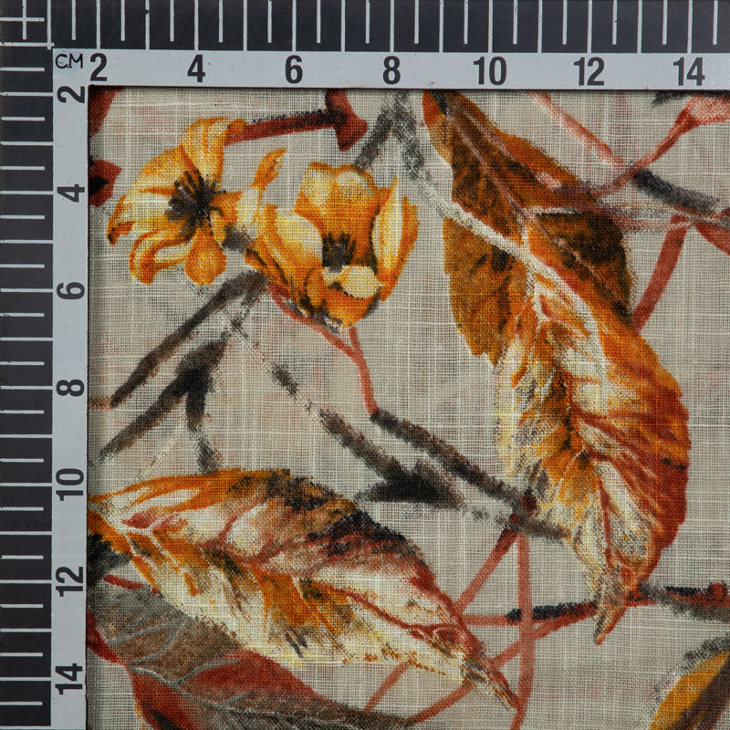 Grey And Brown Leaf Pattern Cotton Slub Fabric