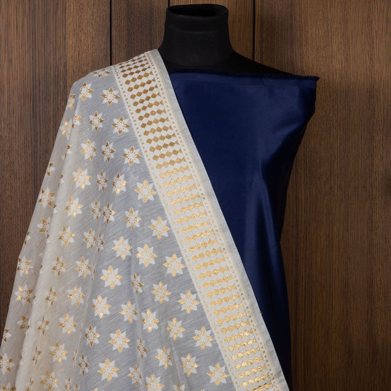 White Ethnic Pattern Cotton Jari Jacquard Dupatta