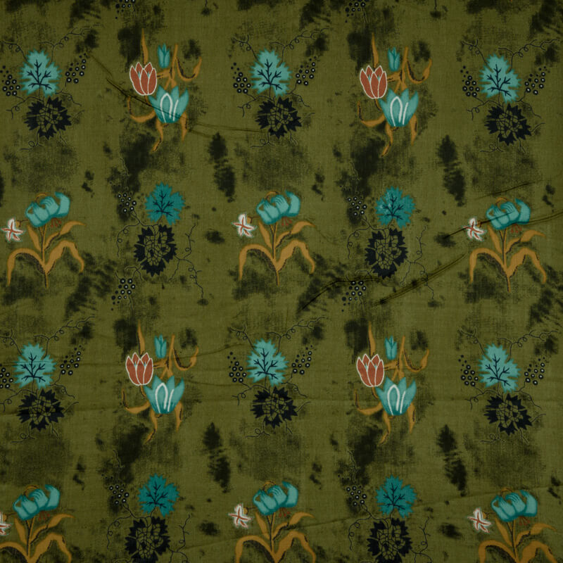Olive Floral Pattern Rayon Fabric