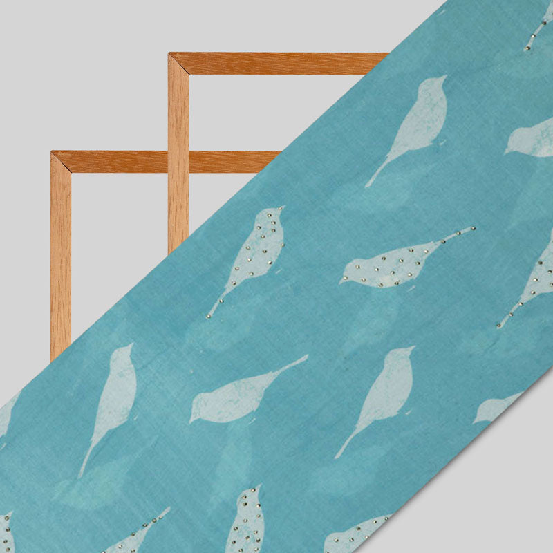 Sky Blue Base With White Bird Pattern Handblock Print Premium Muslin Fabric
