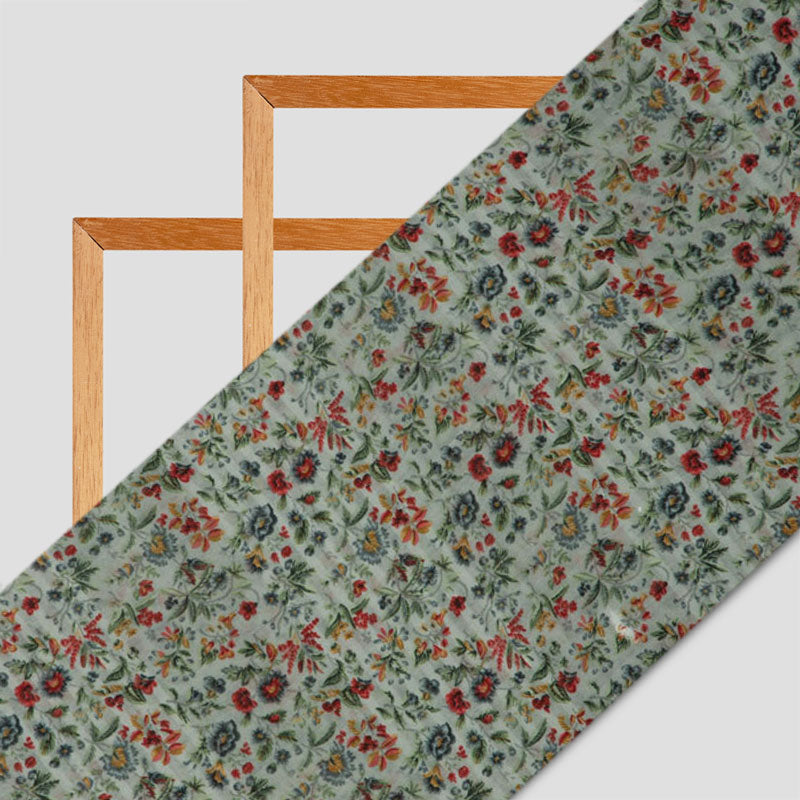 Green & Brown Floral Pattern Screen Print Muslin Fabric