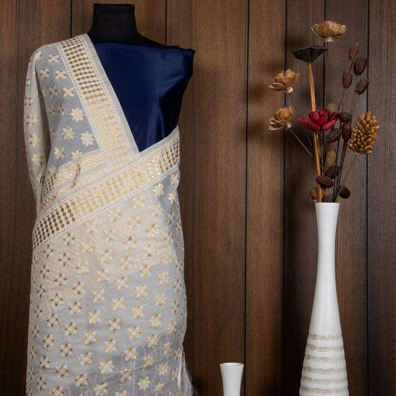 White Ethnic Pattern Cotton Jari Jacquard Dupatta