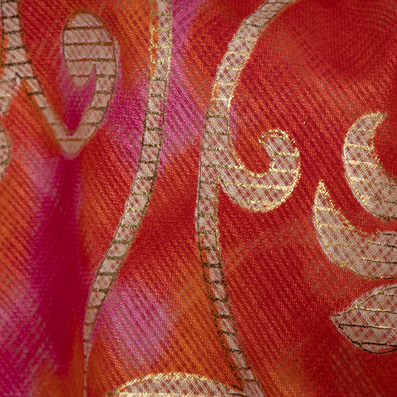 Orange And Dark Pink Ethnic Work Kota Doria Foil Fabric