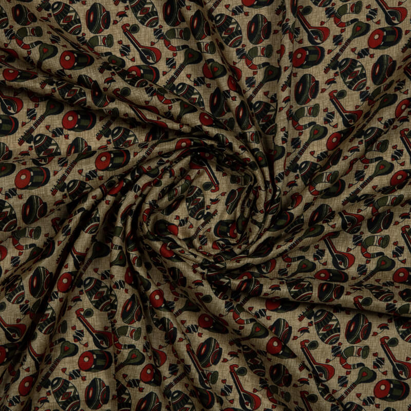 Red And Olive Object Pattern Art Silk Lustrous Fabric