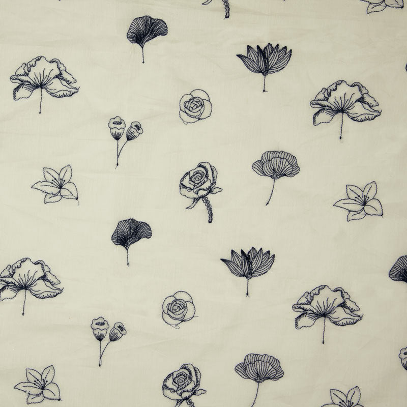 White And Black Floral Pattern Embroidery Cotton Fabric