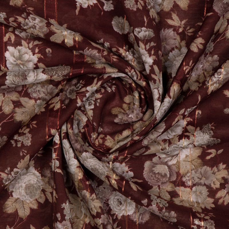 Maroon And Cream Floral Pattern Zari Chanderi Slub Fabric
