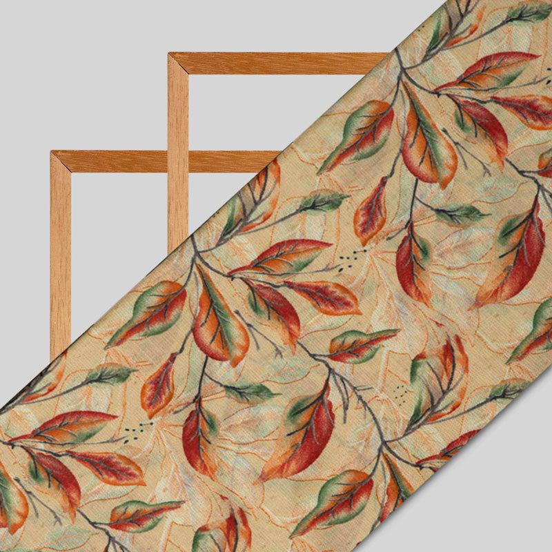 Beige And Red Leaf Printed Cotton Fabric