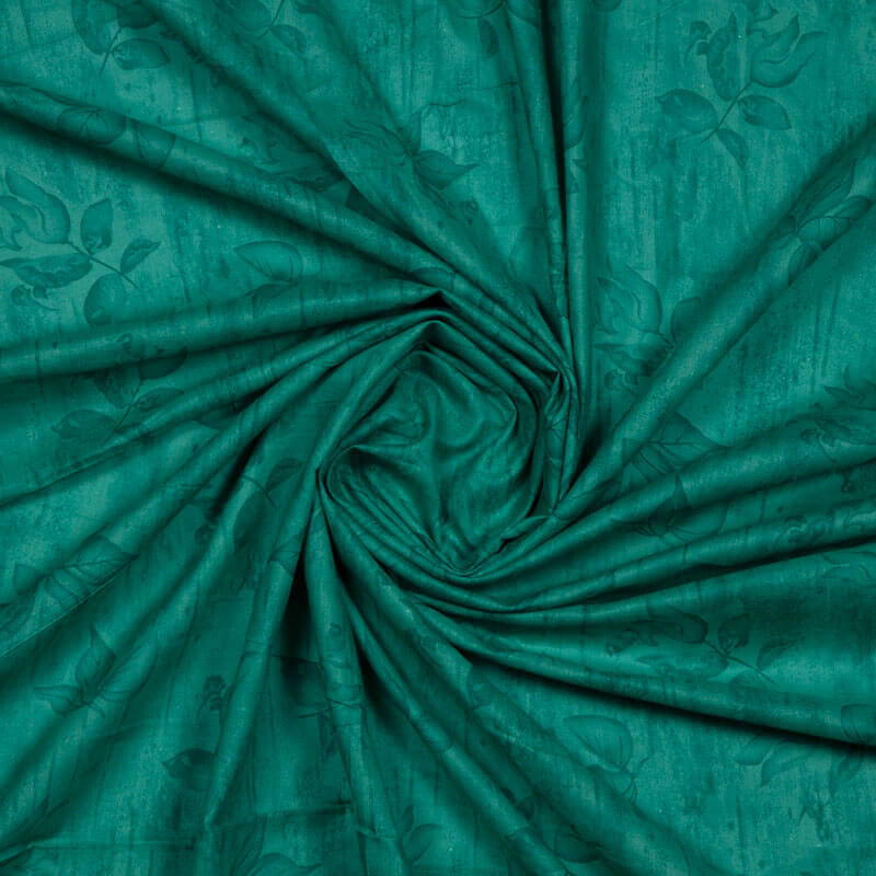 Turquoise Color Leaf Pattern On Cotton Fabric