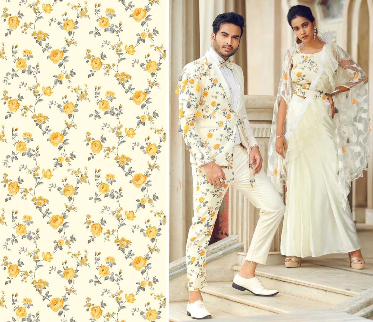 Jit's Choice Ivory Cream And Flex Yellow Floral Pattern Digital Print Rayon Fabric - Fabcurate