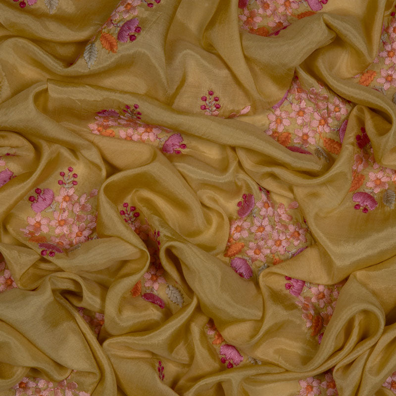 Yellow Floral Pattern Embroidery Silk Fabric