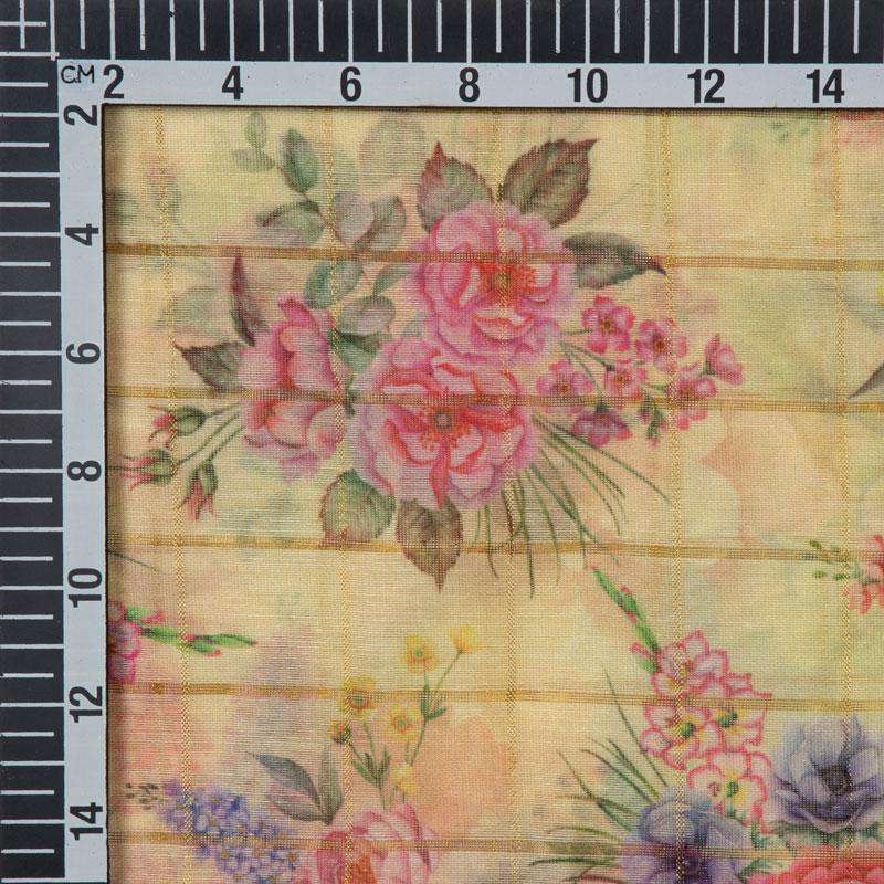Digital Floral Print Zari Checks Chanderi Feel Fabric