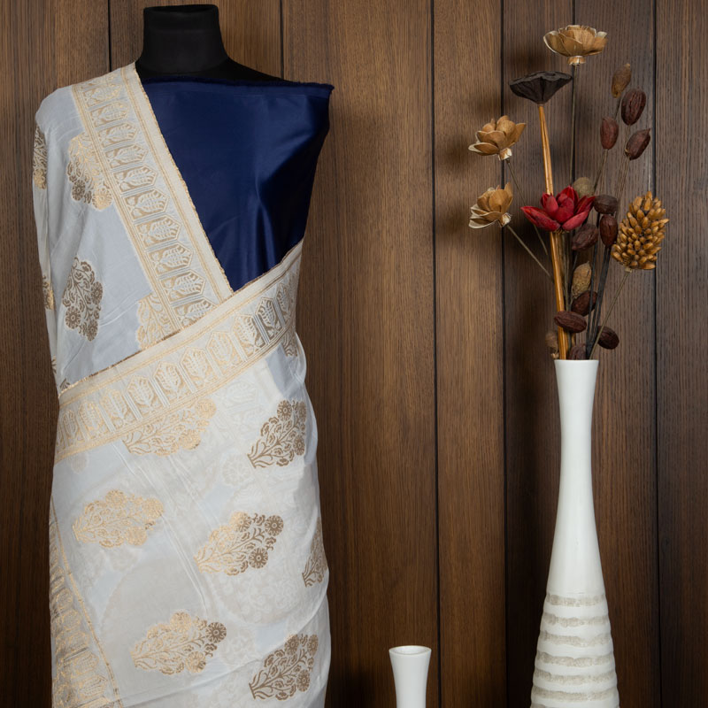 White Ethnic Pattern Jacquard Dolla Silk Dupatta