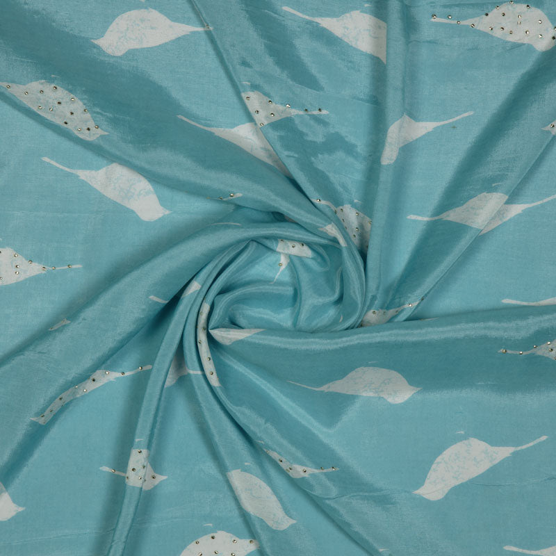 Sky Blue Base With White Bird Pattern Handblock Print Premium Muslin Fabric