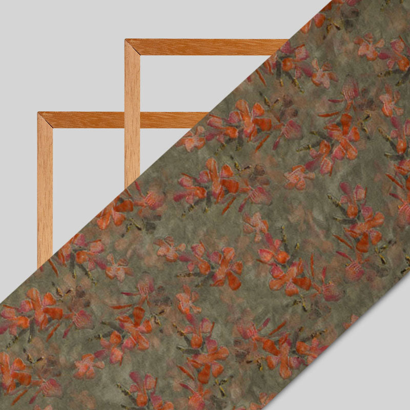 Orange And Mehendi Green Floral Pattern Mulmul Fabric