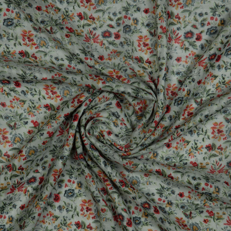 Green & Brown Floral Pattern Screen Print Muslin Fabric