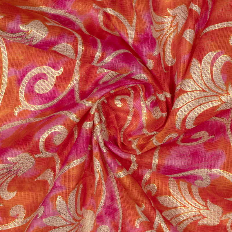 Orange And Dark Pink Ethnic Work Kota Doria Foil Fabric