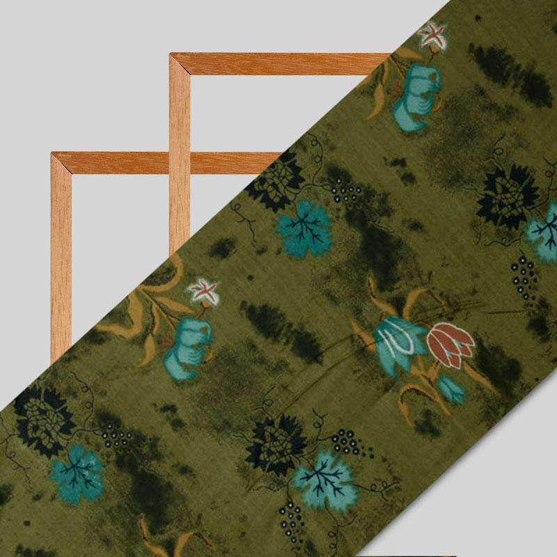 Olive Floral Pattern Rayon Fabric