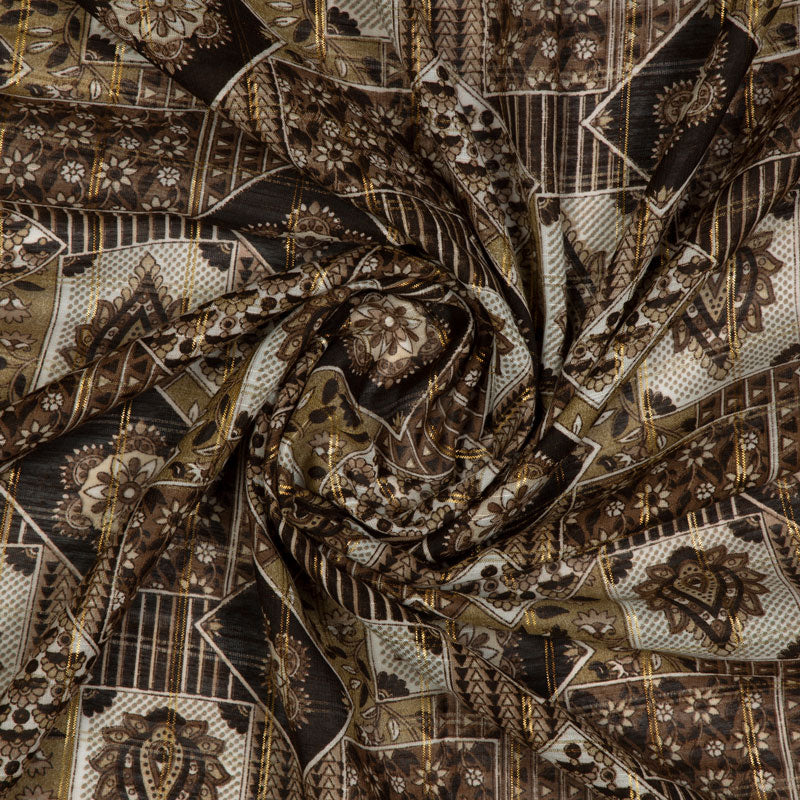 Light Brown And Cream Floral Pattern Zari Chanderi Slub Fabric