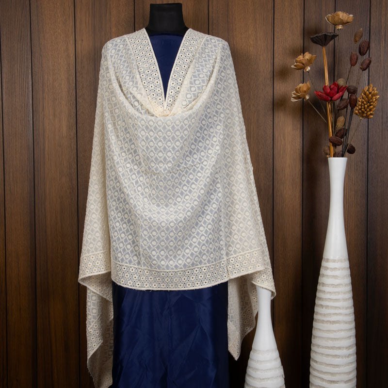 White Ethnic Pattern Embroidery Georgette Dupatta