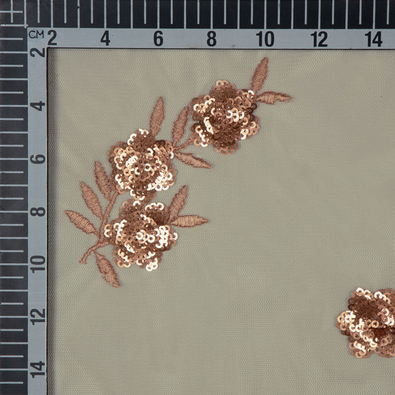 Beige And Pink Floral Pattern Premium Sequins Net Fabric