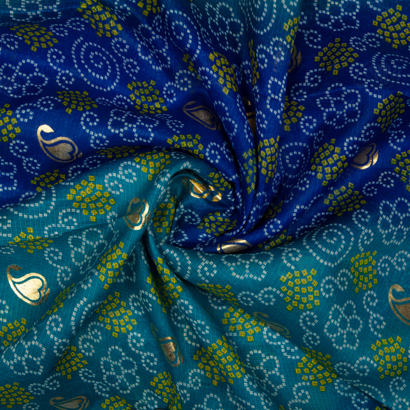Teal Bandhani Pattern Foil Print Kota Doria Fabric