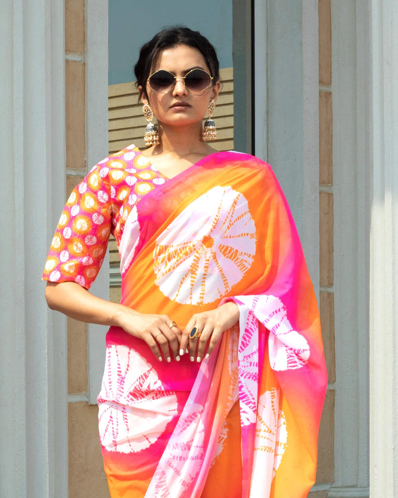 Orange And White Shiiborii Pattern Digital Print Georgette Saree