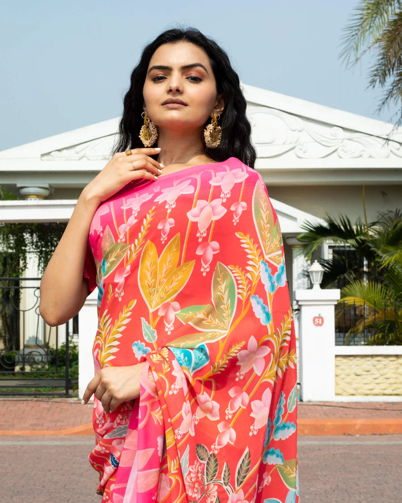 Coral Red And Olive Green Floral Pattern Digital Print Georgette Saree With Tassels