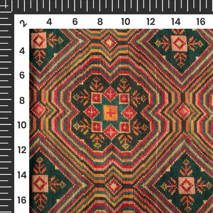 Dark Green Traditional Digital Print Art Tusser Silk Fabric