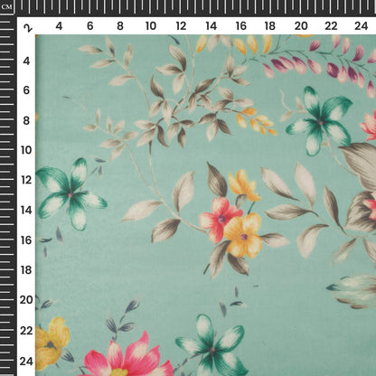 Pale Blue And Golden Yellow Floral Pure Organza Fabric