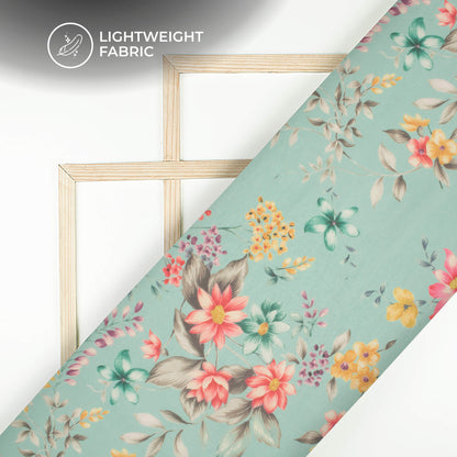 Pale Blue And Golden Yellow Floral Pure Organza Fabric