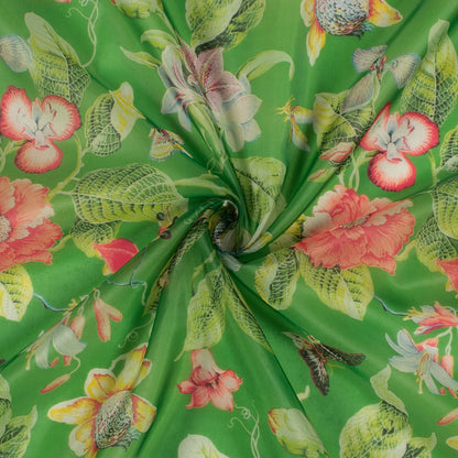 Green And Red Floral Pure Organza Fabric
