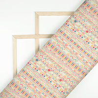 Oyster Beige And Red Stripes Digital Print Cotton Cambric Fabric
