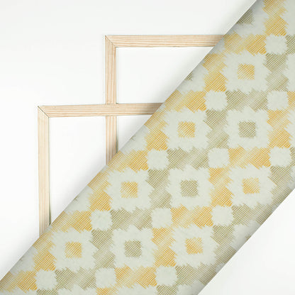 Ivory Cream And Green Abstract Digital Print Cotton Cambric Fabric