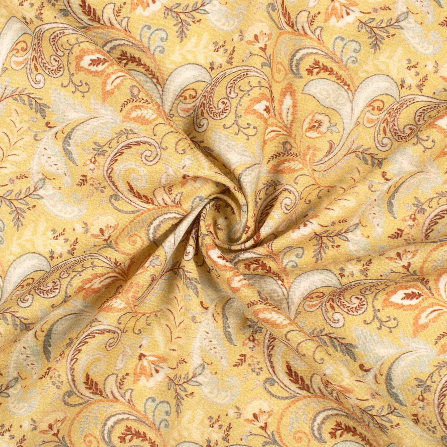 Dijon Yellow And Brown Floral Digital Print Cotton Cambric Fabric