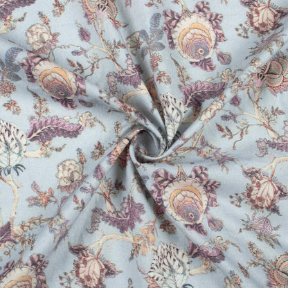 Baby Blue And Purple Floral Digital Print Cotton Cambric Fabric