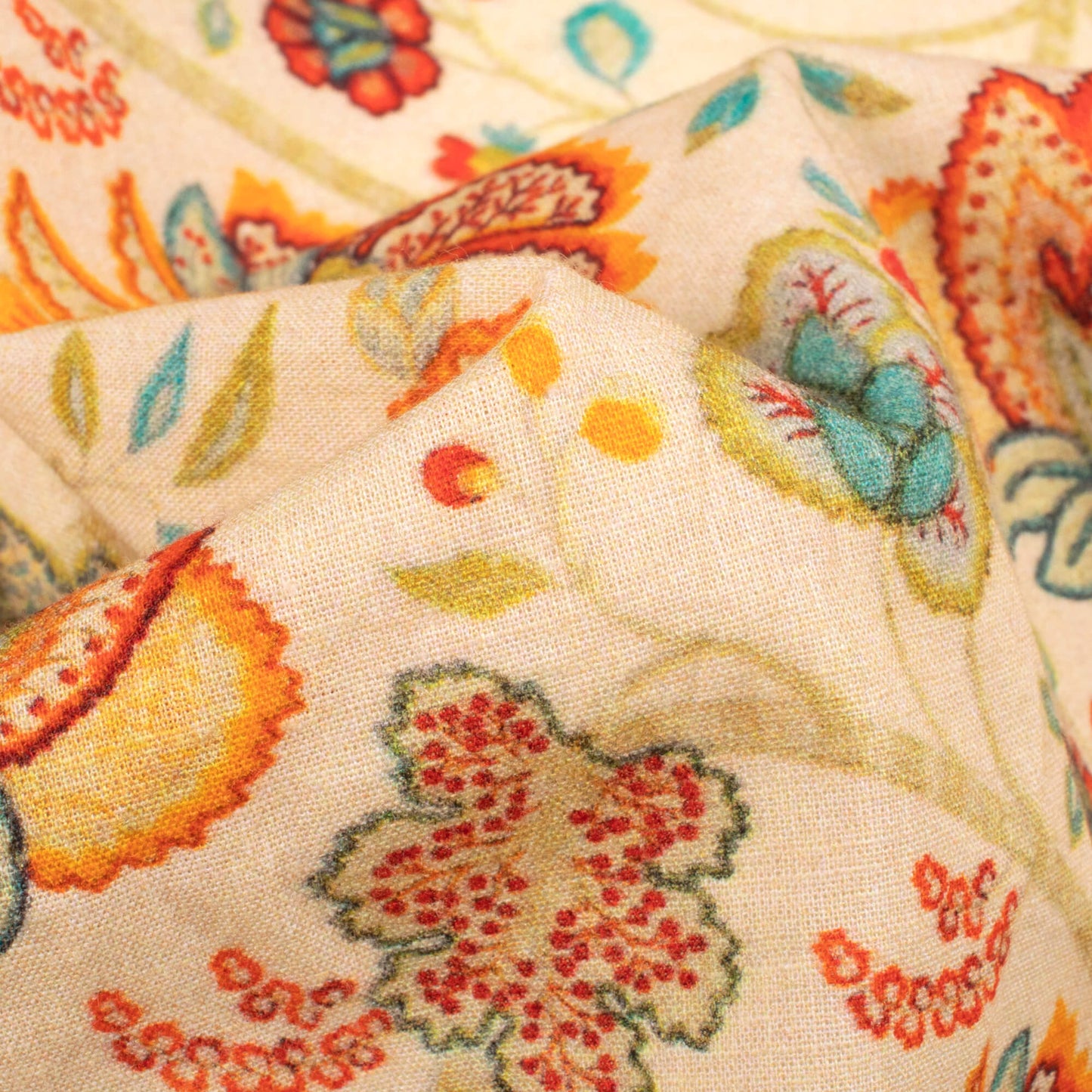 Peach Yellow And Orange Floral Digital Print Cotton Cambric Fabric