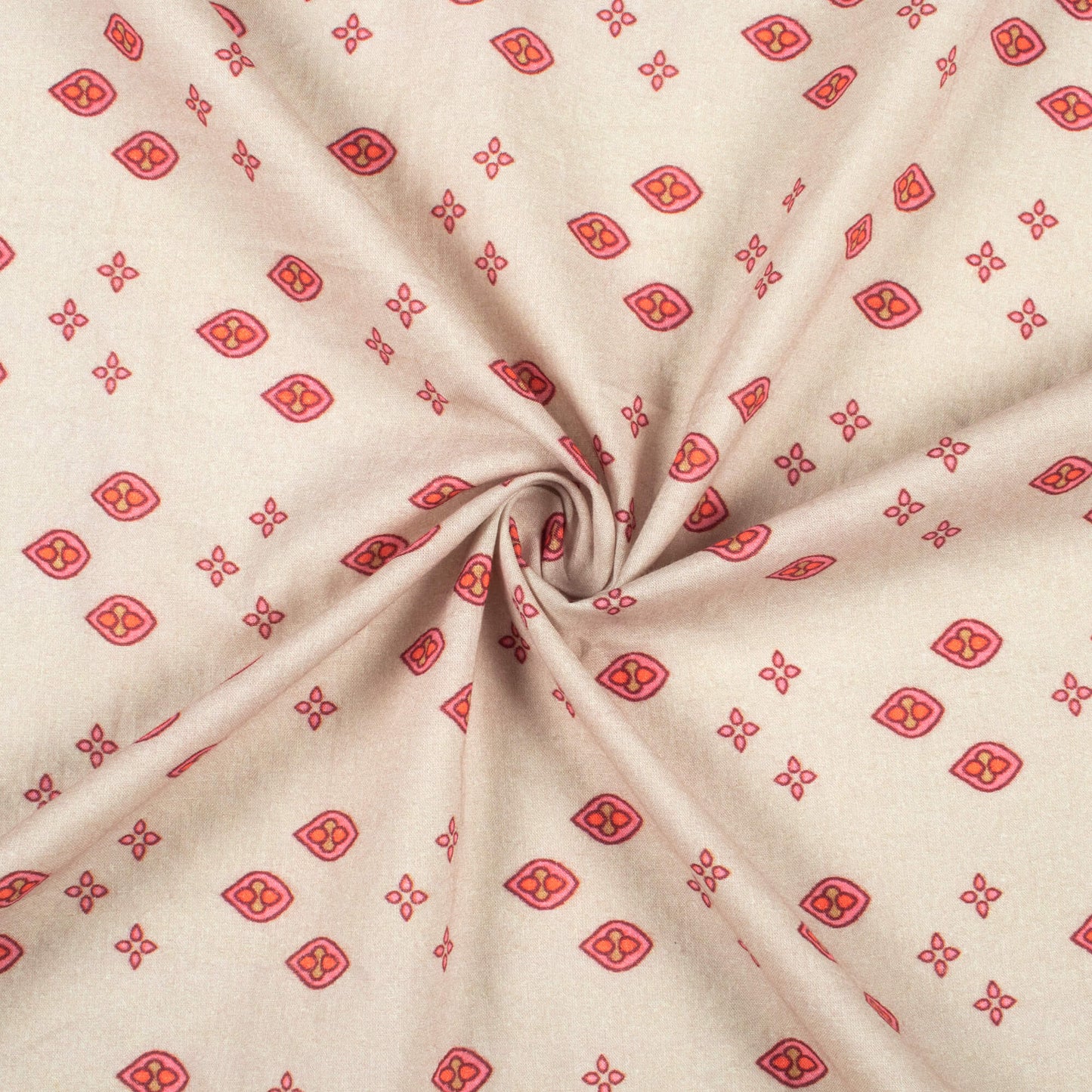Ecru Beige And Pink Geometric Digital Print Cotton Cambric Fabric