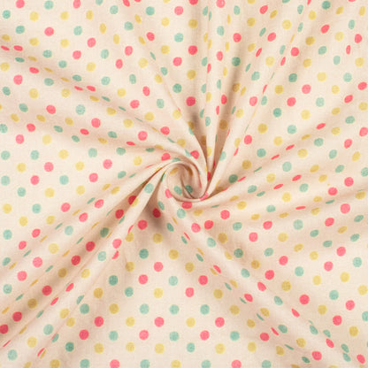 Bone Beige And Pink Polka Dots Digital Print Cotton Cambric Fabric