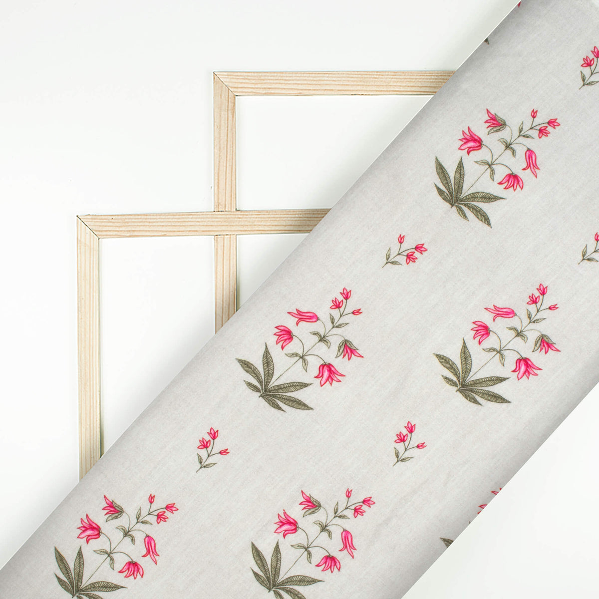 Cloud Grey And Pink Floral Digital Print Cotton Cambric Fabric
