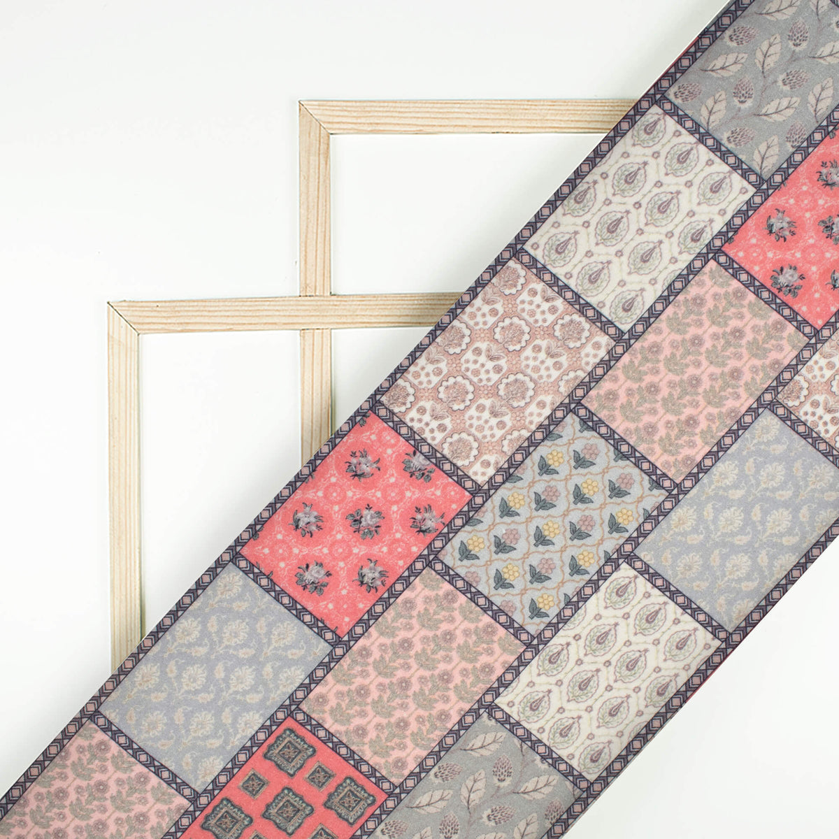 Sage Green And Peach Patch Digital Print Cotton Cambric Fabric