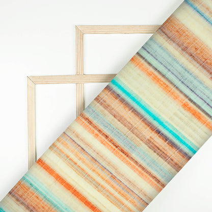 Ivory Cream And Orange Stripes Digital Print Cotton Cambric Fabric