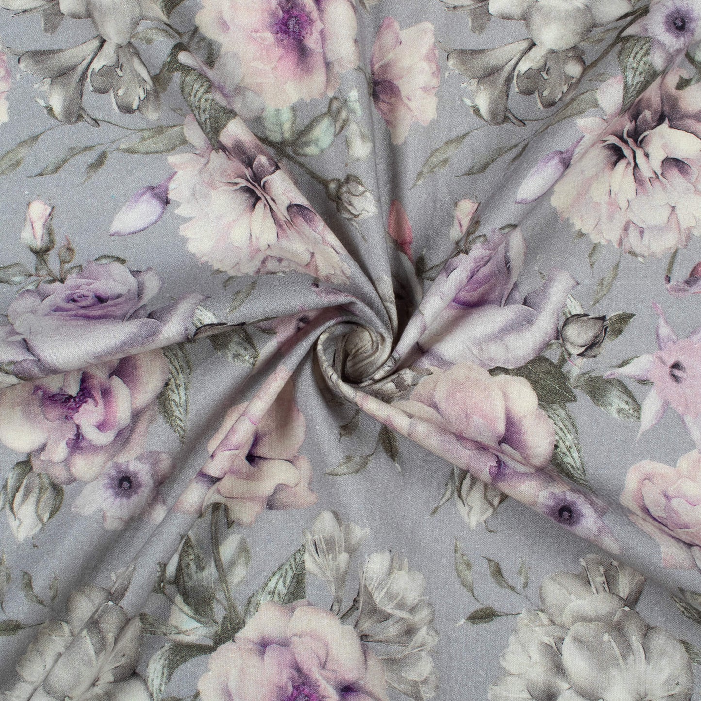 Light Purple And Grey Floral Digital Print Cotton Cambric Fabric