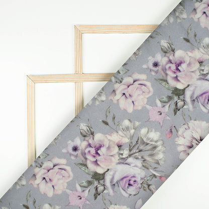 Light Purple And Grey Floral Digital Print Cotton Cambric Fabric