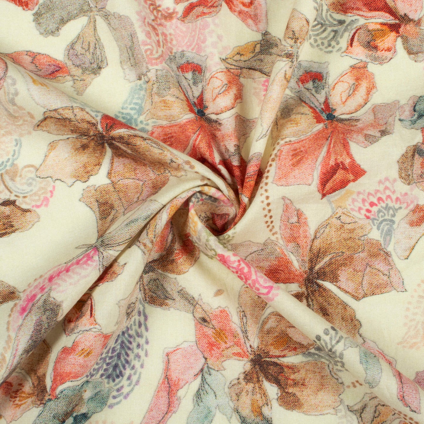 Banana Yellow And Peach Floral Digital Print Cotton Cambric Fabric