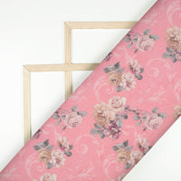 Blush Pink And Brown Floral Digital Print Cotton Cambric Fabric