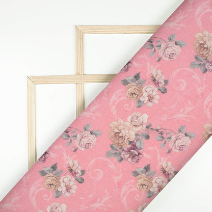 Blush Pink And Brown Floral Digital Print Cotton Cambric Fabric
