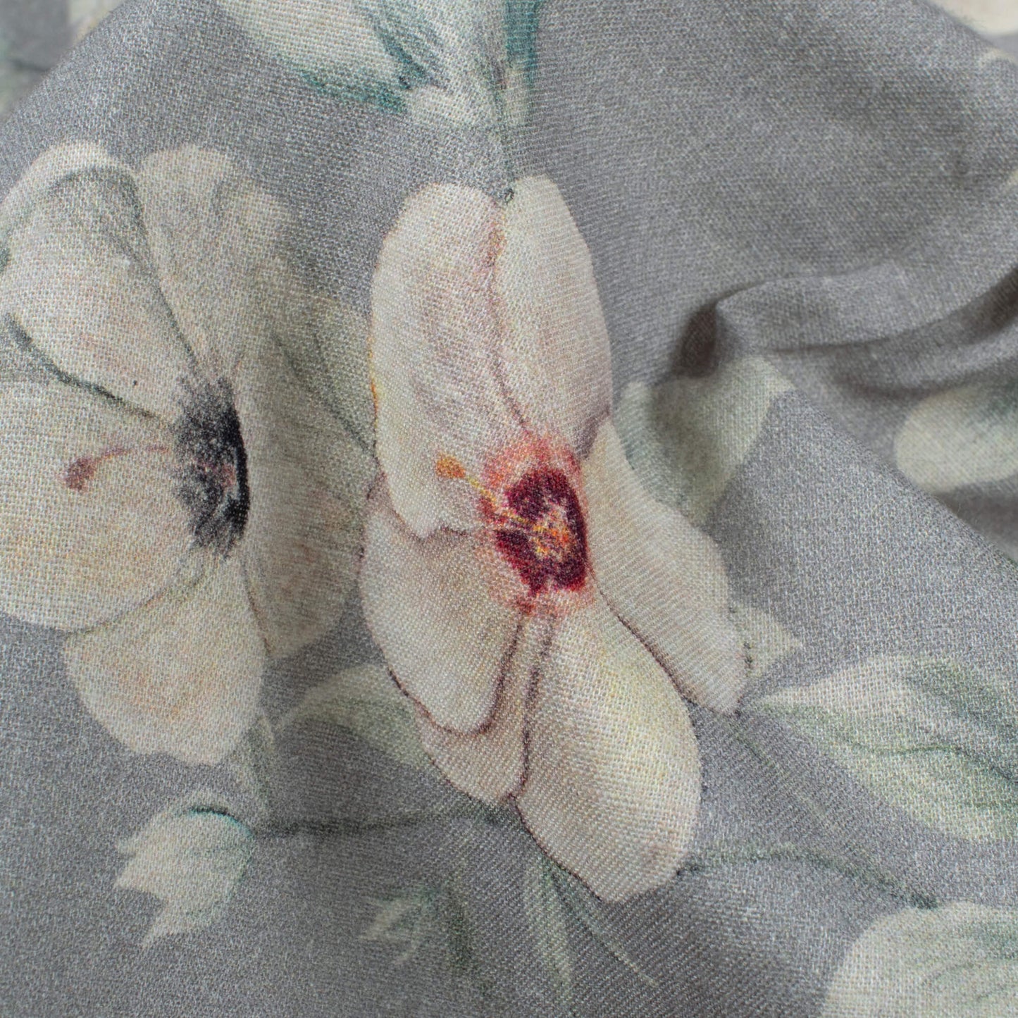 Metal Grey And Beige Floral Digital Print Cotton Cambric Fabric